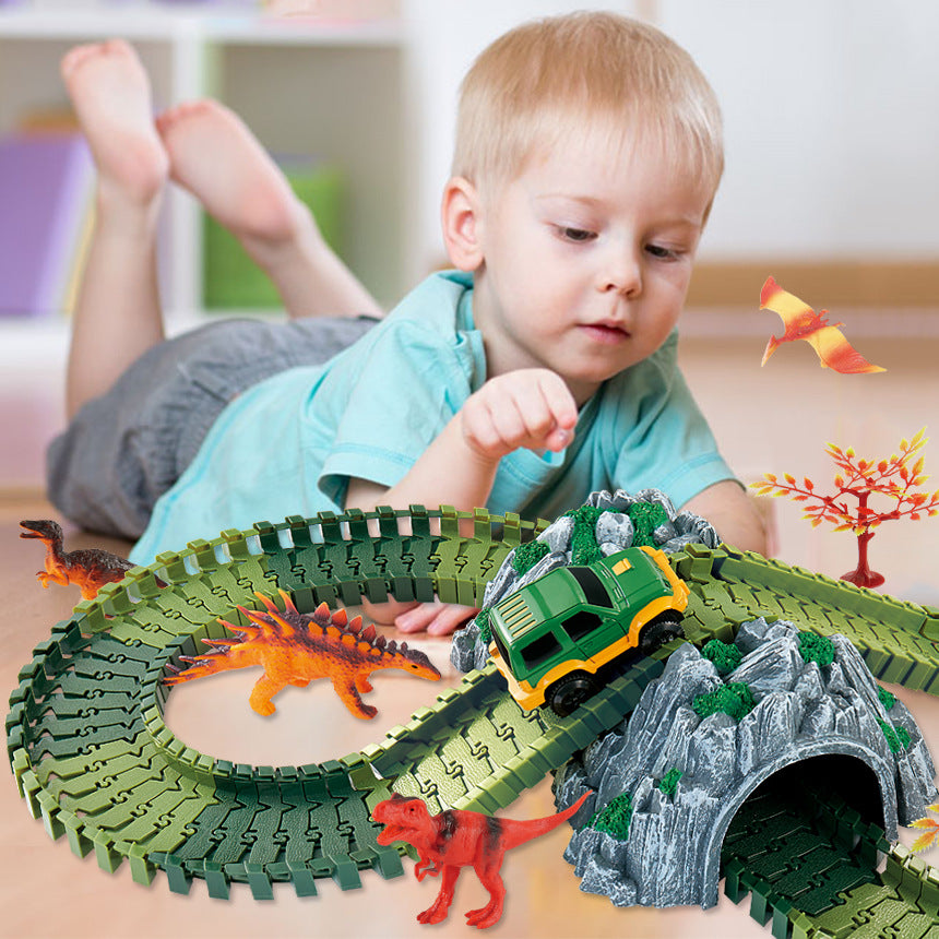 Dinosaur Race Track Set with Flexible Bendable Tracks, Tunnel and Toy Dinosaurs for Kids 3+