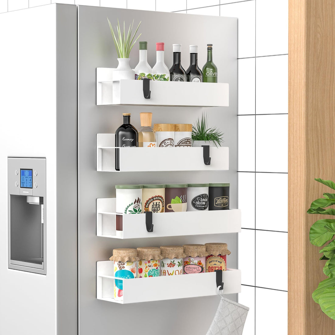 Magnetic Fridge Side Shelf, No Drill Spice Rack for Refrigerator in White Carbon Steel