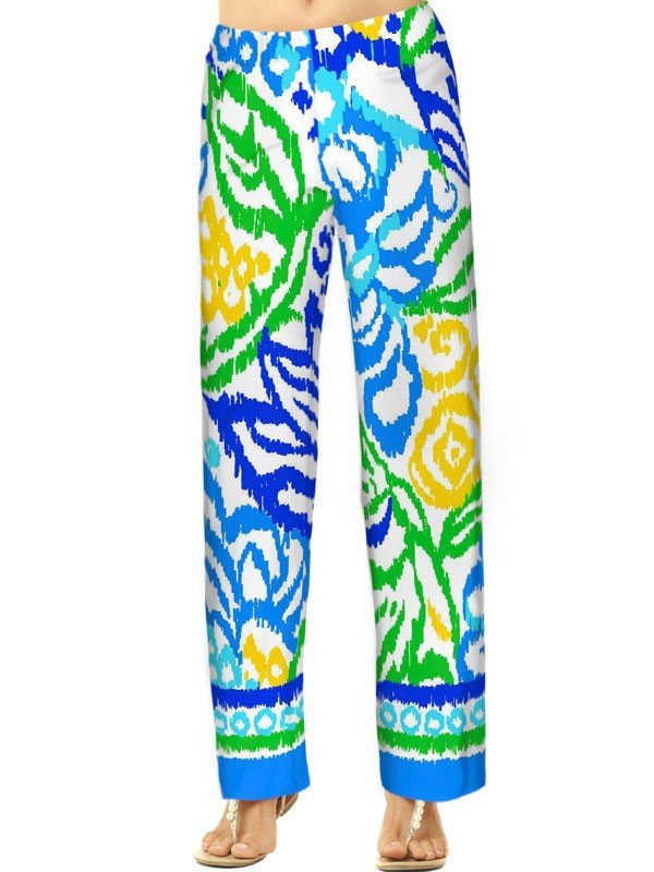 Ikat Floral Print Palazzo Pants - Blue Green Yellow