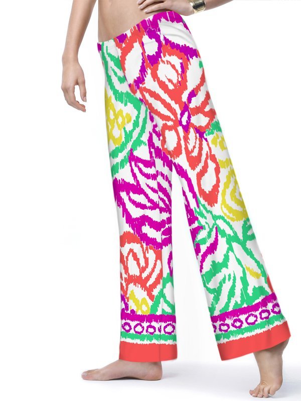Ikat Floral Print Palazzo Pants - Blue Green Yellow