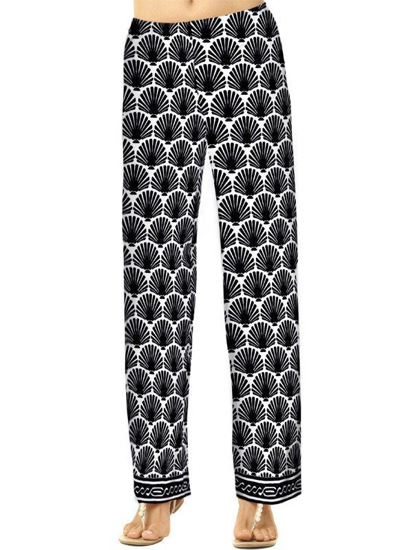 Art Deco Shell Print Palazzo Pants - Black White