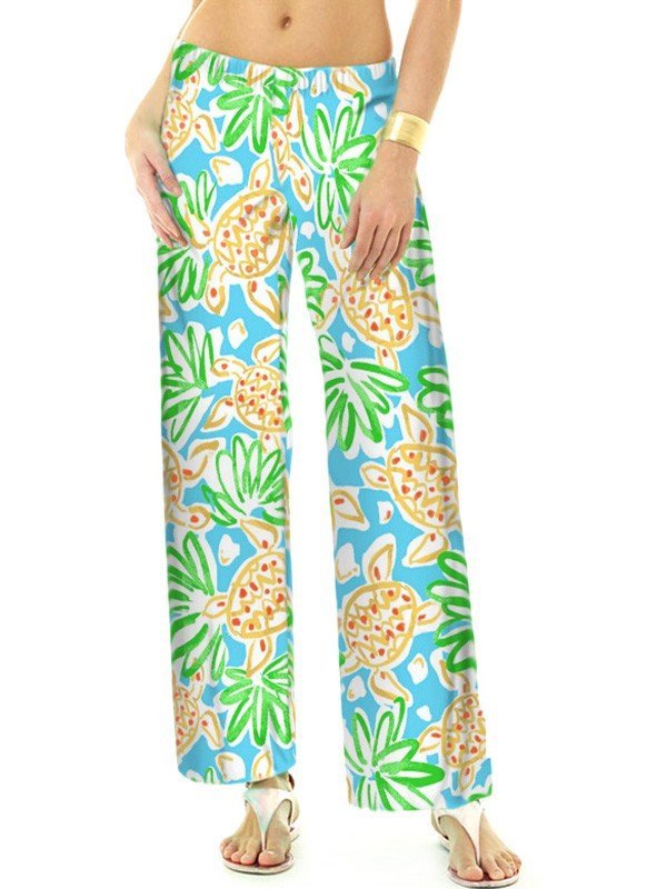 Tropical Pineapple Floral Print Palazzo Pants - Pink Green