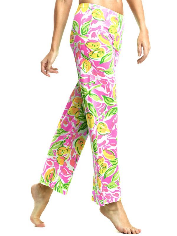 Tropical Lemon Print Palazzo Pants - Pink Green