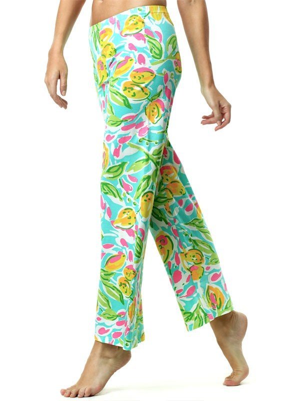 Tropical Lemon Print Palazzo Pants - Pink Green