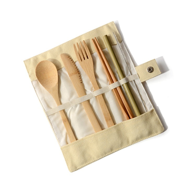 Bamboo Travel Cutlery Set with Canvas Pouch, Reusable Utensils with Chopsticks and Straw