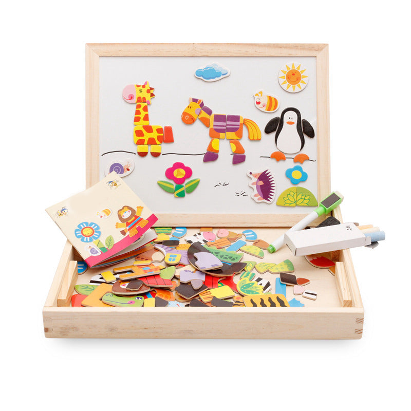 Magnetic Animal Puzzle Board, Double-Sided Wooden Drawing Board and Chalkboard for Kids 3+