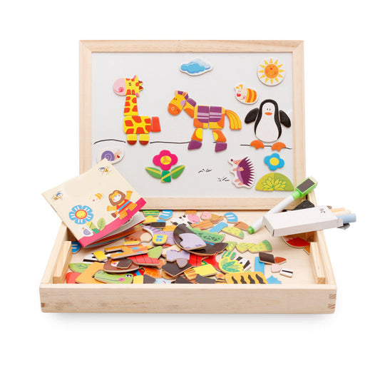 Magnetic Animal Puzzle Board, Double-Sided Wooden Drawing Board and Chalkboard for Kids 3+
