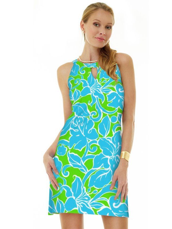 Tropical Lily Print Shift Dress - Turquoise Green Keyhole