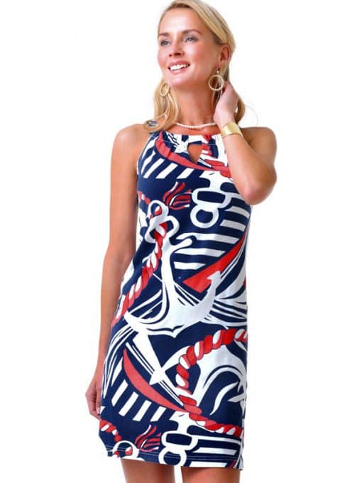Nautical Anchor Print Shift Dress - Navy Red Keyhole