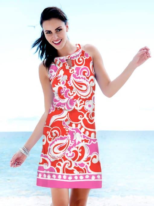 Paisley Scroll Print Shift Dress - Red Pink Keyhole