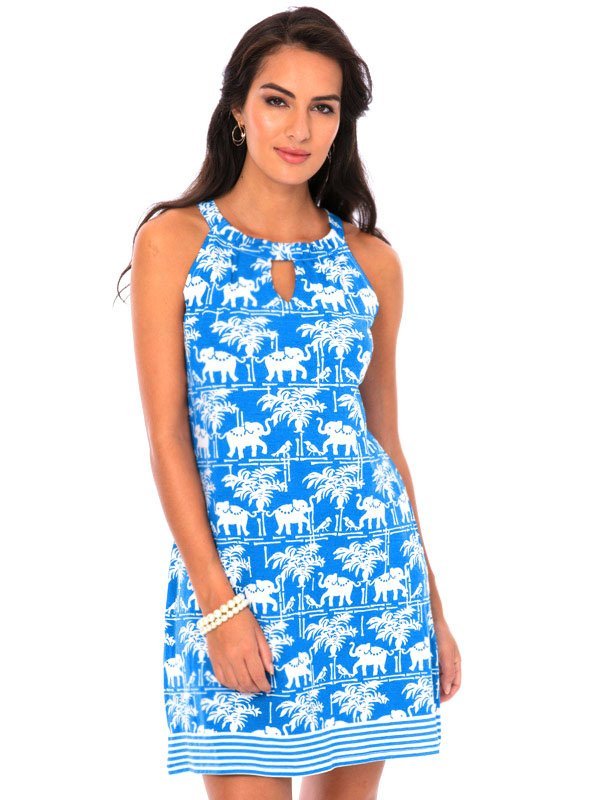 Elephant Palm Print Shift Dress - Navy White Keyhole