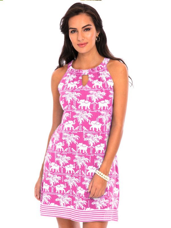 Elephant Palm Print Shift Dress - Navy White Keyhole