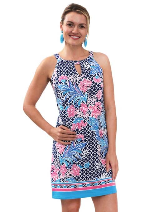 Floral Geometric Print Shift Dress - Navy Pink Keyhole