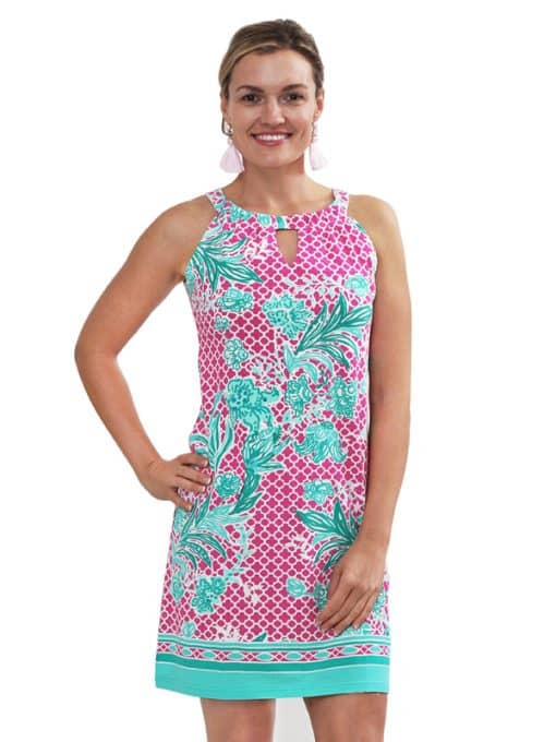 Floral Geometric Print Shift Dress - Navy Pink Keyhole