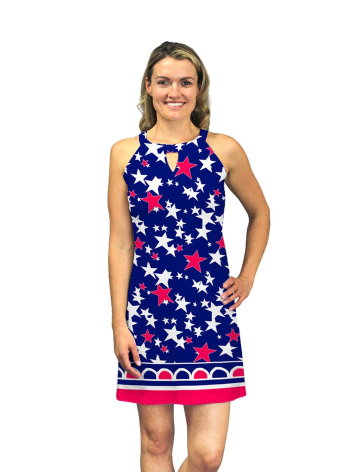 Starfish Star Print Shift Dress - Blue Red Keyhole