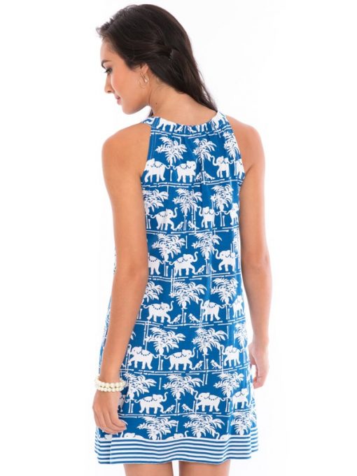 Elephant Palm Print Shift Dress - Navy White Keyhole