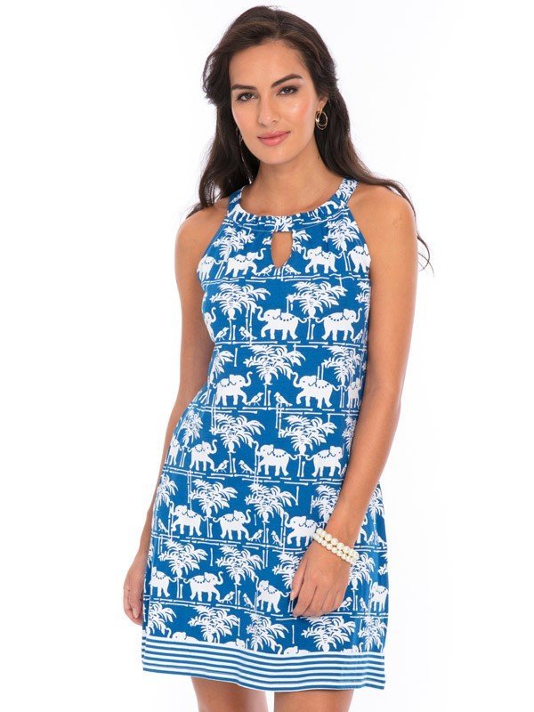 Elephant Palm Print Shift Dress - Navy White Keyhole