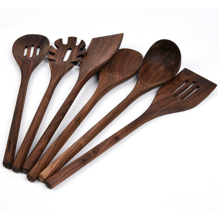 Black Walnut Wooden Cooking Utensil Set, 6 Piece Solid Wood Spoons and Spatulas