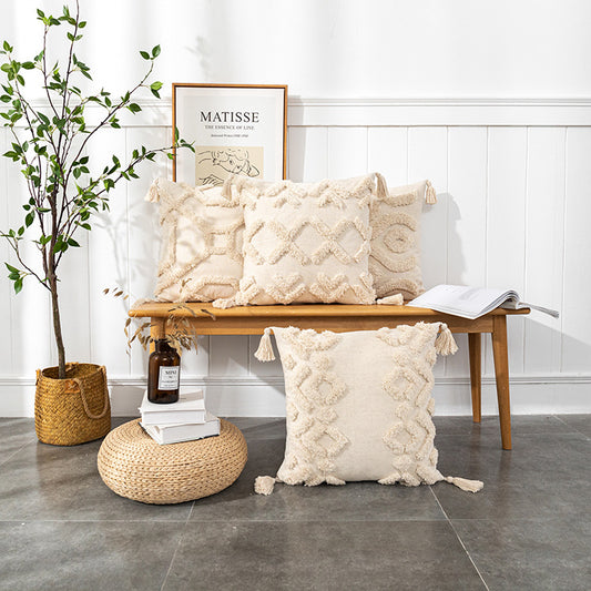 Boho Tufted Throw Pillow Cover with Tassels, 18x18 Inch Cotton Cushion Cover in Apricot