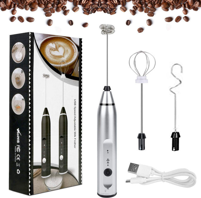 Rechargeable Handheld Milk Frother with 3 Whisk Heads and 3 Speeds, USB Foam Maker