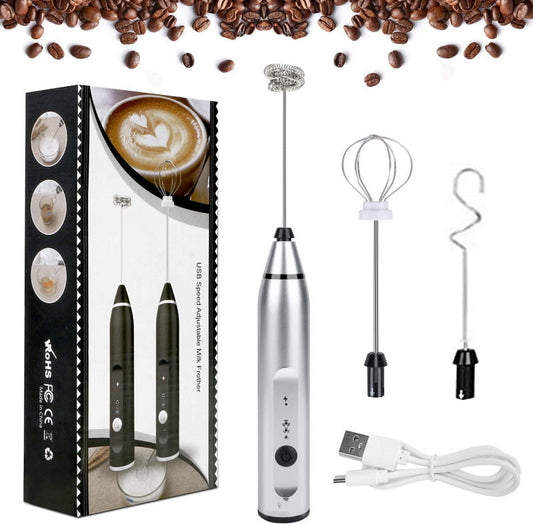 Rechargeable Handheld Milk Frother with 3 Whisk Heads and 3 Speeds, USB Foam Maker