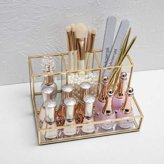 Glass Makeup Organizer with Brass Metal Frame, Vanity Cosmetic Storage Box for Bathroom