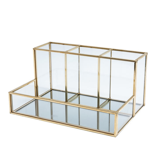 Glass Makeup Organizer with Brass Metal Frame, photo 2