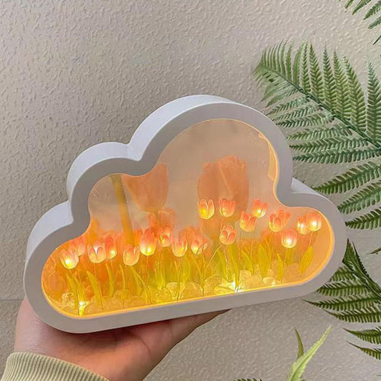 DIY Tulip Cloud Mirror Night Light Kit, Battery Powered Craft Lamp with Artificial Flowers