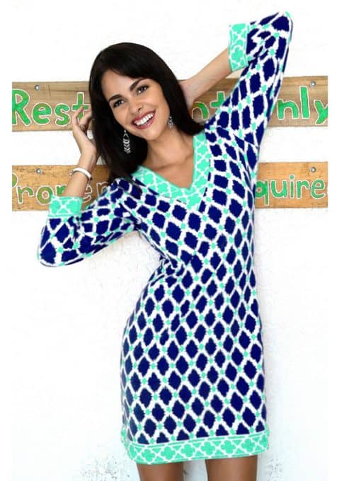 Moroccan Lattice Print Shift Dress - Blue White V-Neck
