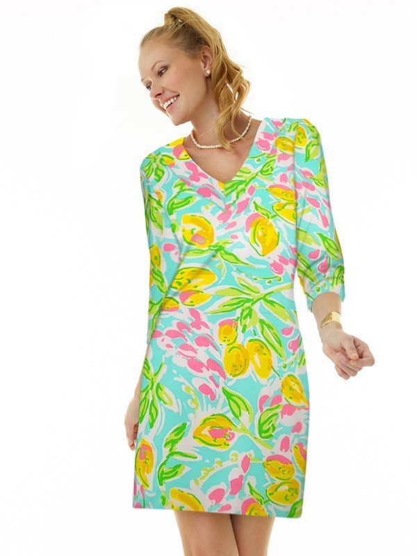 Tropical Lemon Floral Print Shift Dress - Pink Green V-Neck