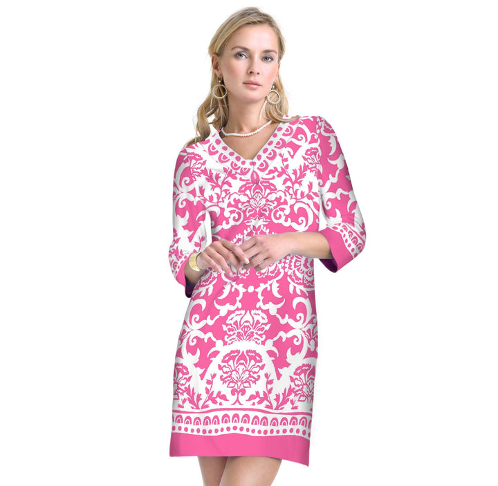 Damask Floral Print Shift Dress - Blue White V-Neck