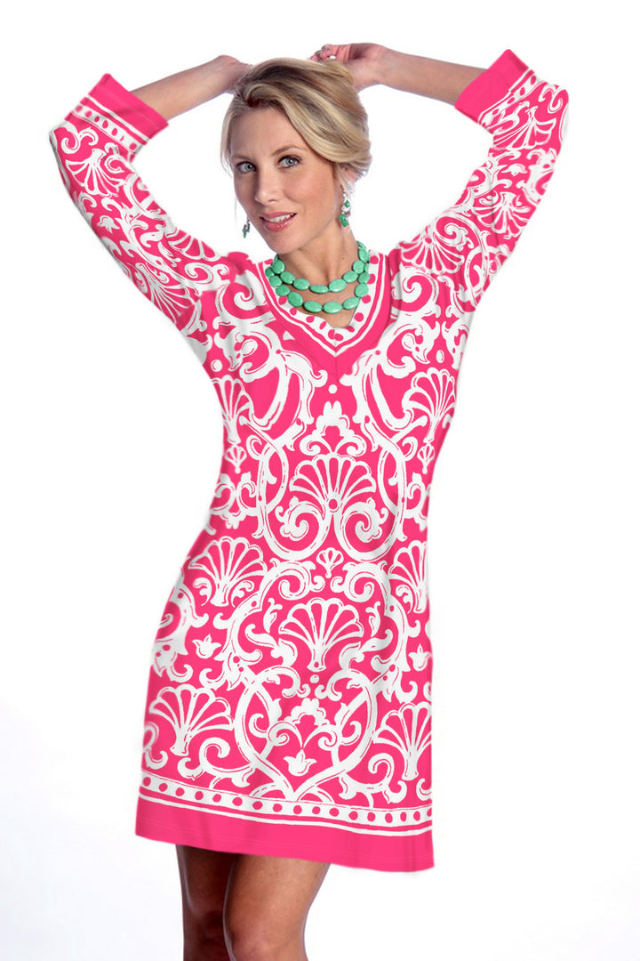 Damask Medallion Print Shift Dress - Navy White V-Neck