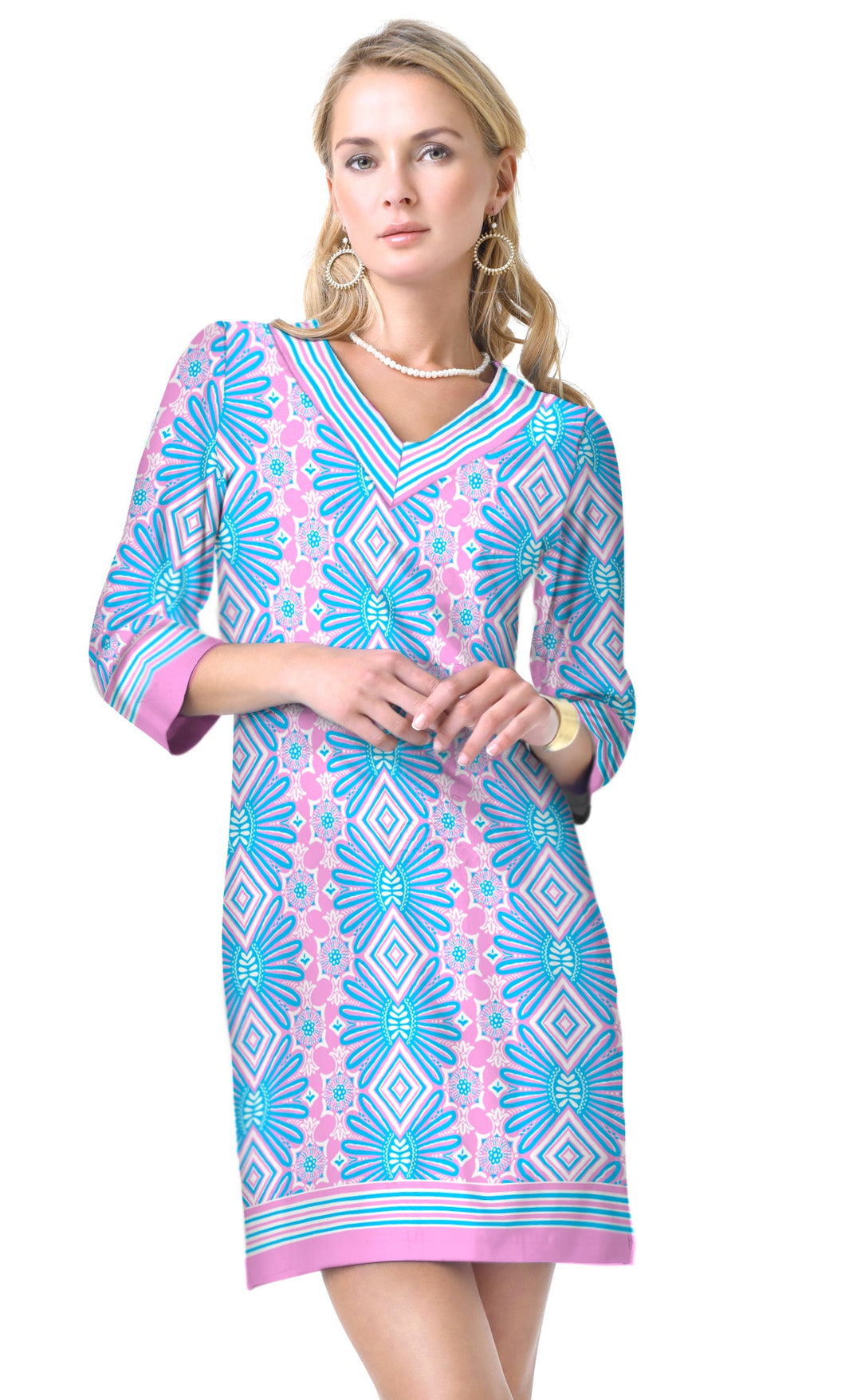 Aztec Geometric Print Shift Dress - Blue Pink V-Neck