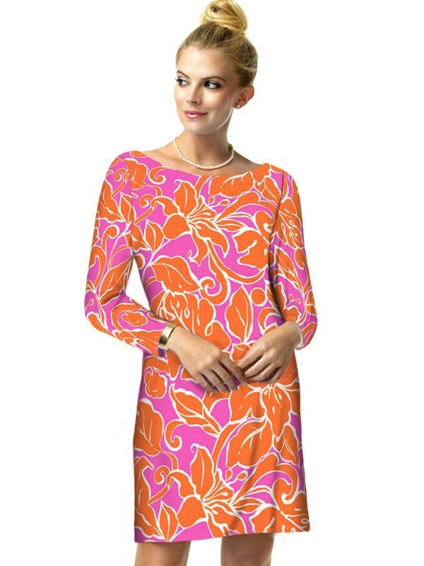 Tropical Lily Print Shift Dress - Orange Pink Boat Neck