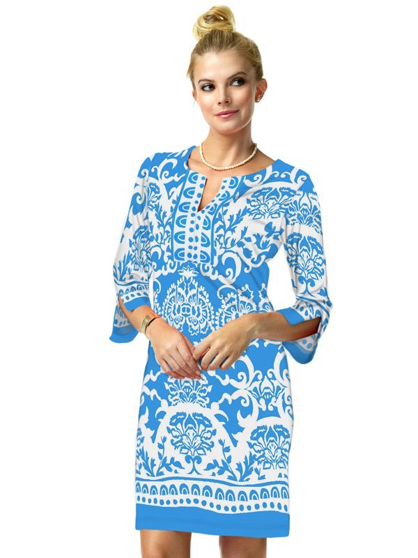 Damask Floral Print Shift Dress - Blue White Bell Sleeve