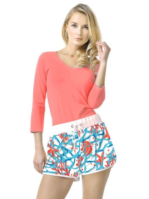 Sea Life Coral Print Shorts - Turquoise Red Drawstring