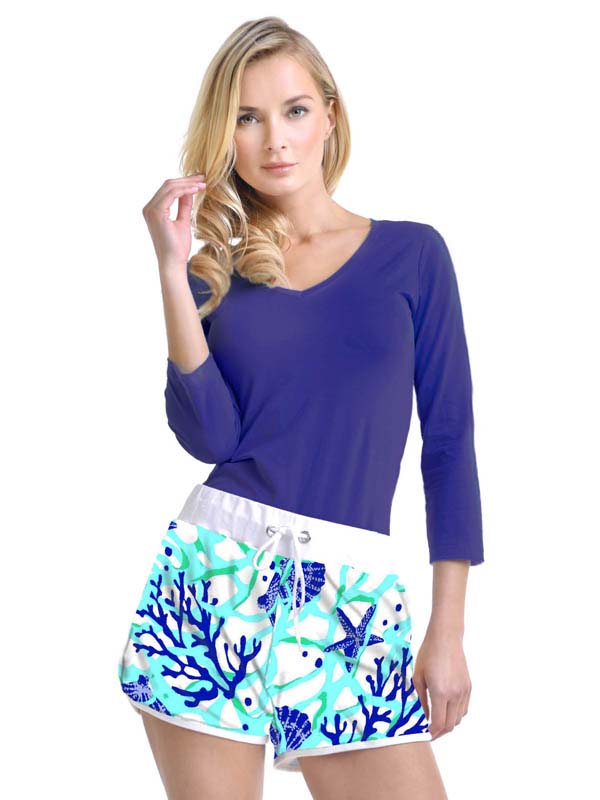 Sea Life Coral Print Shorts - Turquoise Red Drawstring