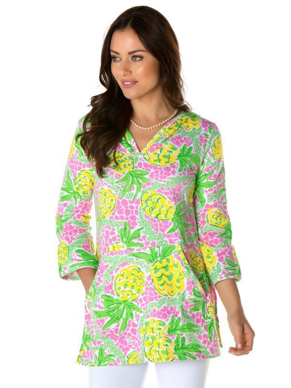 Pineapple Print Tunic - Lime Pink Bell Sleeve