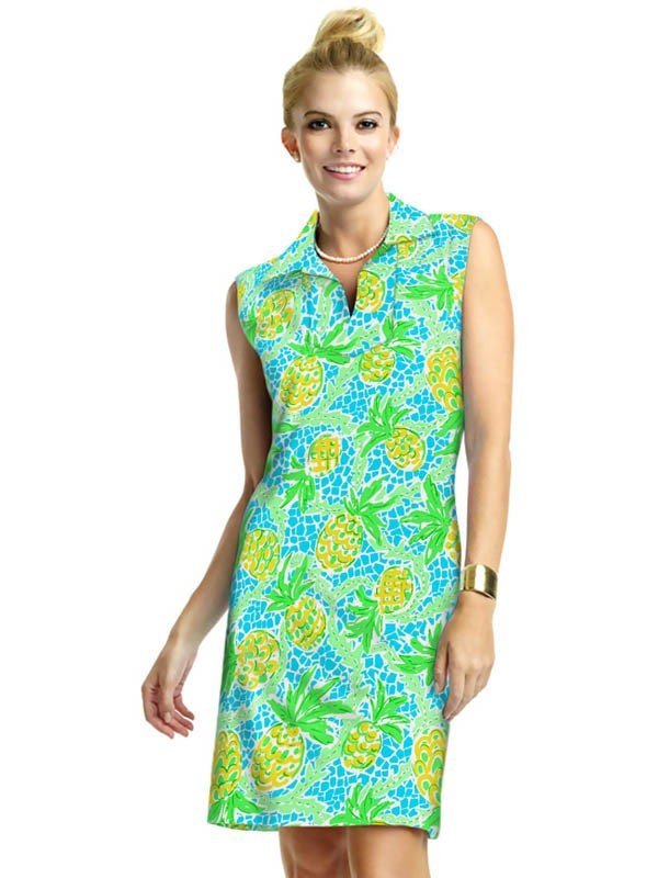 Pineapple Print Polo Dress - Lime Pink Collared