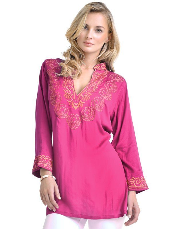 Scroll Embroidered Tunic - Magenta Gold