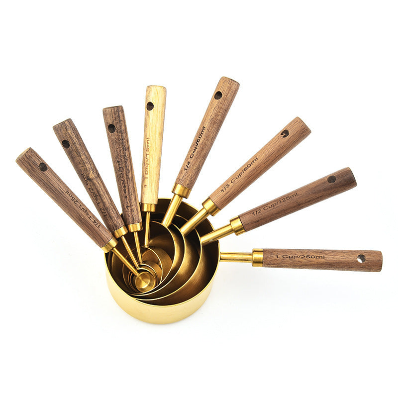 Gold Stainless Steel Measuring Cups and Spoons Set with Acacia Wood Handles, photo 4