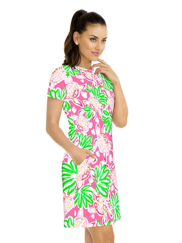 Tropical Pineapple Floral Print Shift Dress - Pink Green Cap Sleeve