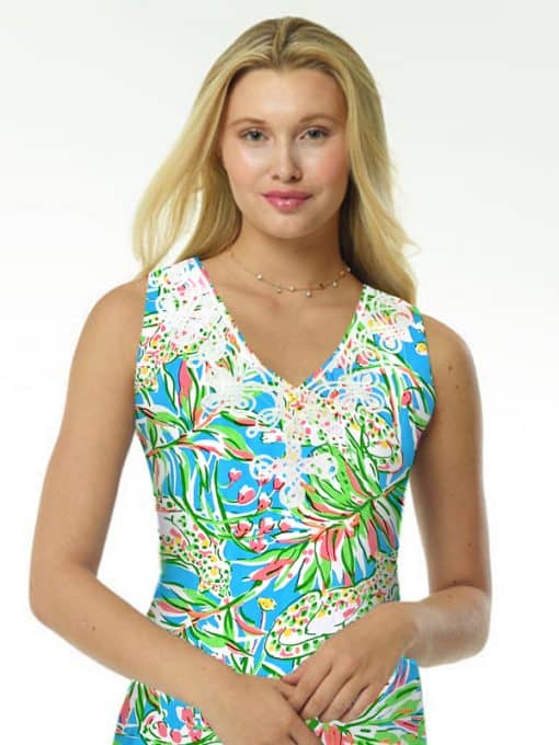 Tropical Floral Print Shift Dress - Green Multi V-Neck