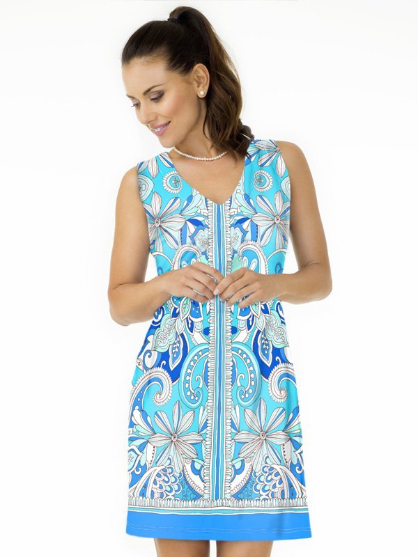 Paisley Scroll Print Shift Dress - Blue White V-Neck