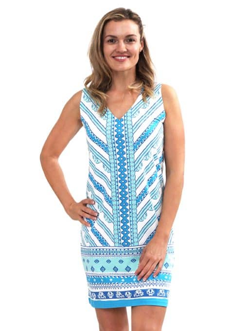Mediterranean Tile Print Shift Dress - Blue White V-Neck