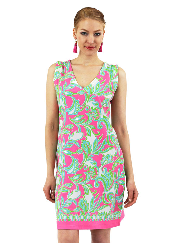 Tropical Floral Print Shift Dress - Green Pink V-Neck
