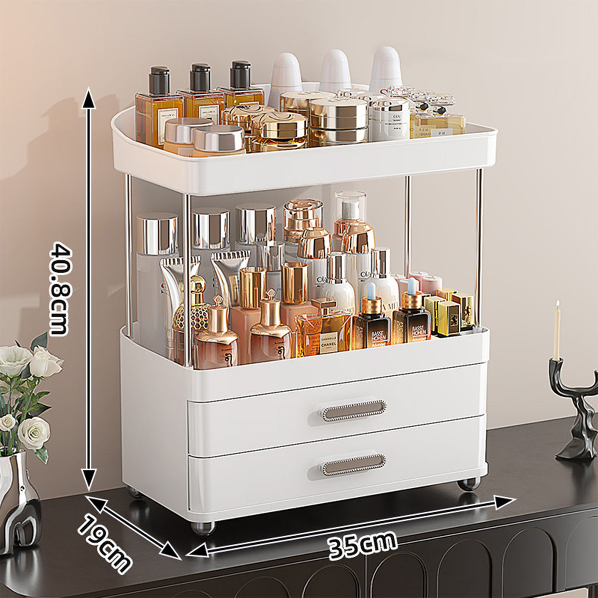 4 Tier Makeup Organizer with 2 Drawers, Bathroom Counter and Vanity Storage