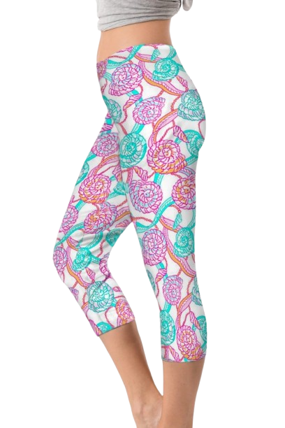 Seashell Scroll Print Capri Leggings - Turquoise Green
