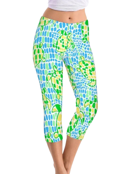 Tropical Turtle Print Capri Leggings - Green Blue