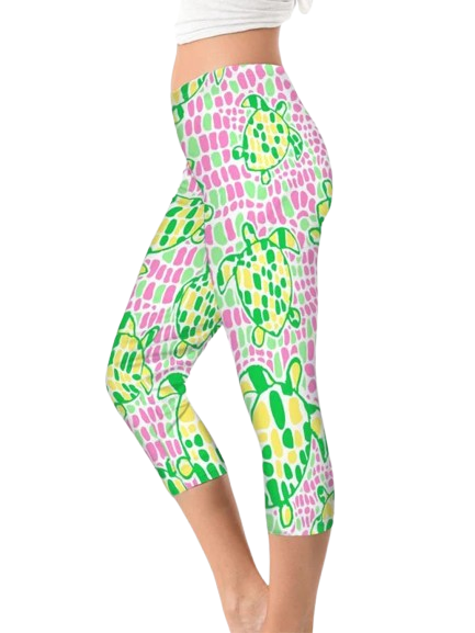 Tropical Turtle Print Capri Leggings - Green Blue